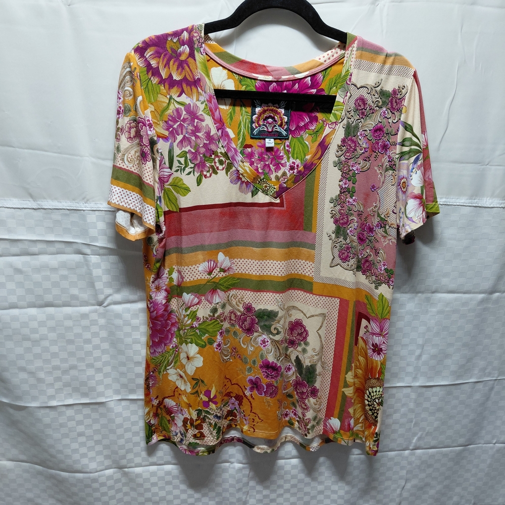Johnny Was Multi-Color Floral Patchwork V-Neck Tee